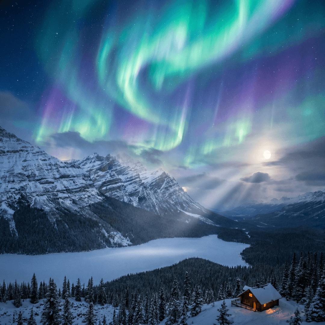 A magical aurora over snow-capped mountains at twilight, cinematic 4K, volumetric lighting, ultra-detailed landscape photography