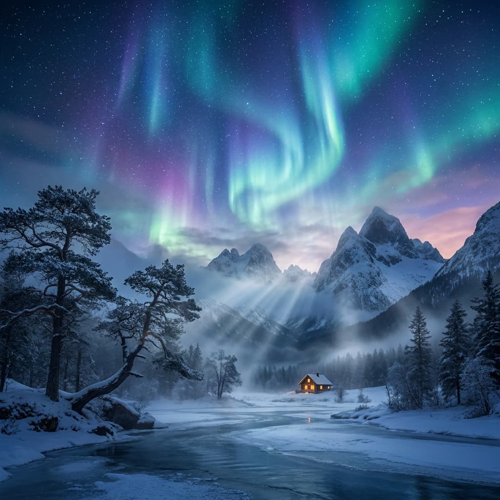 A magical aurora over snow-capped mountains at twilight, cinematic 4K, volumetric lighting, ultra-detailed landscape photography