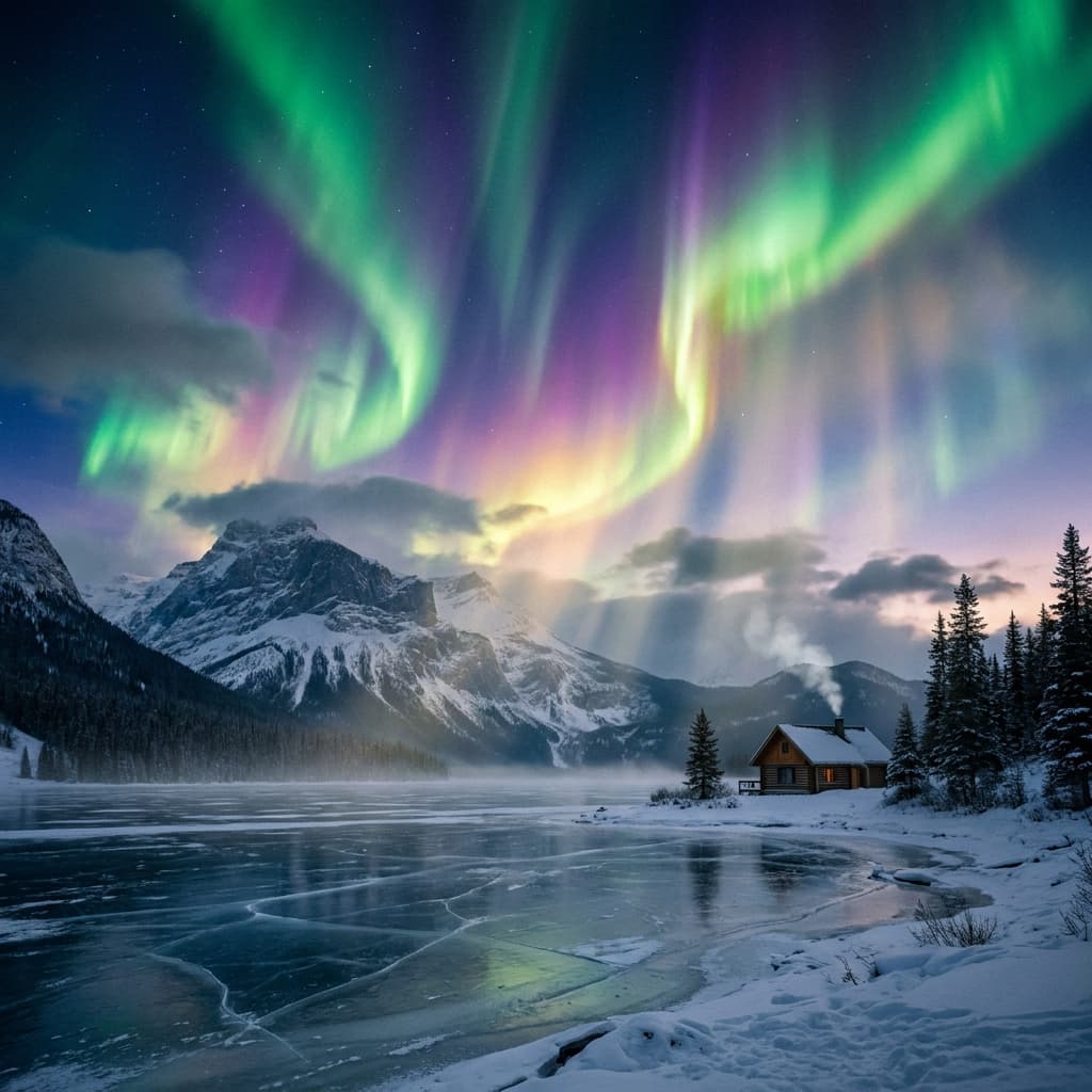 A magical aurora over snow-capped mountains at twilight, cinematic 4K, volumetric lighting, ultra-detailed landscape photography