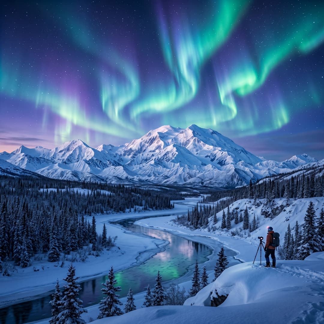 A magical aurora over snow-capped mountains at twilight, cinematic 4K, volumetric lighting, ultra-detailed landscape photography