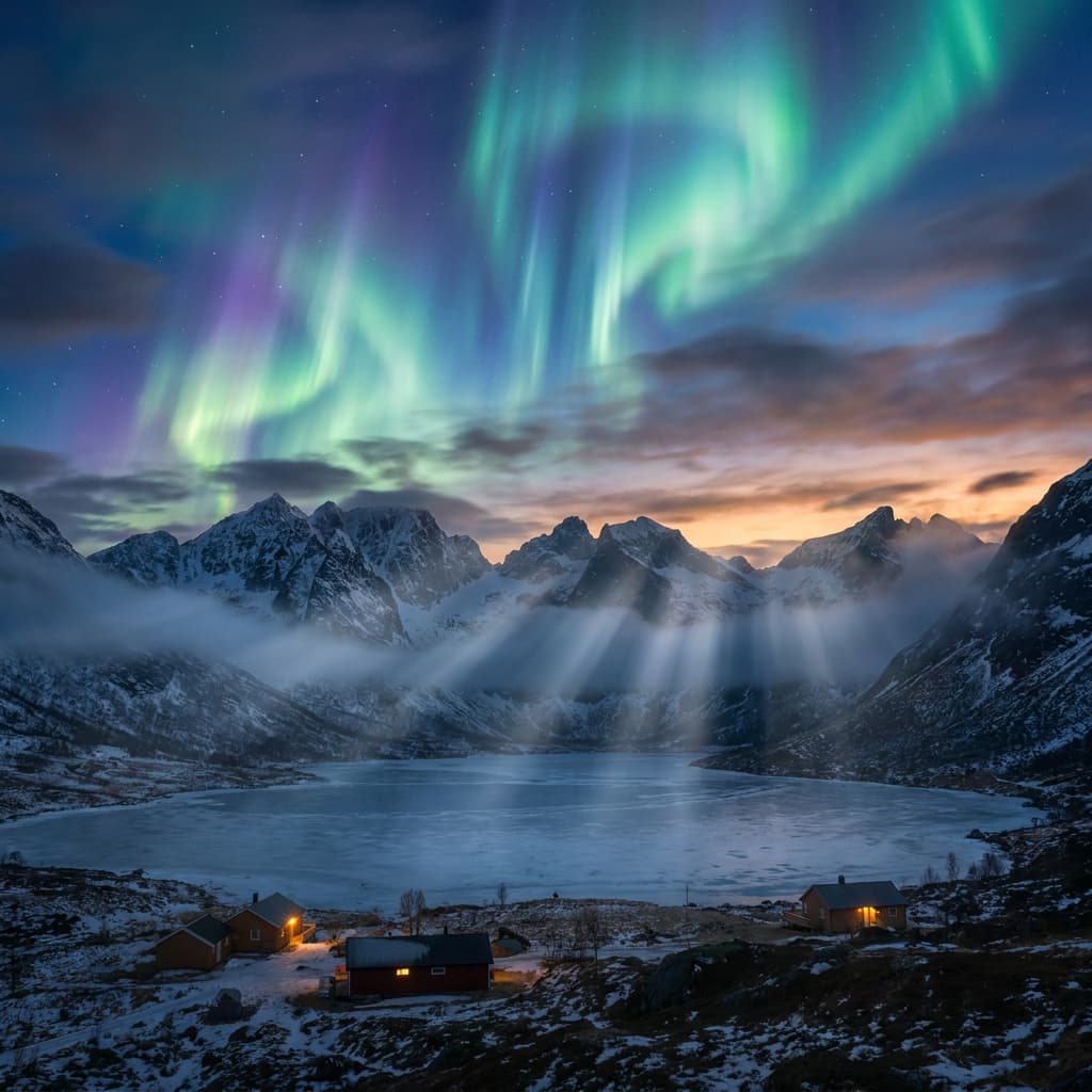 A magical aurora over snow-capped mountains at twilight, cinematic 4K, volumetric lighting, ultra-detailed landscape photography