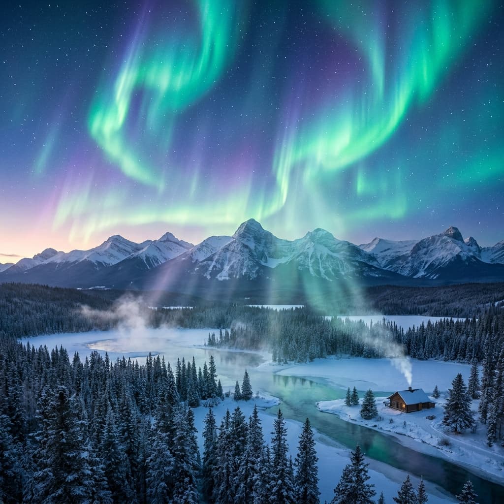 A magical aurora over snow-capped mountains at twilight, cinematic 4K, volumetric lighting, ultra-detailed landscape photography