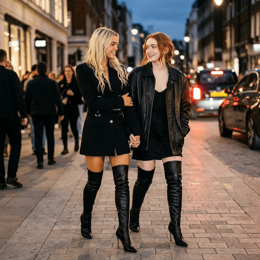 Make an image of Livvy Dunne and sadie sink all wearing laceless black leather thigh high boots with a thin heel as a gay couple