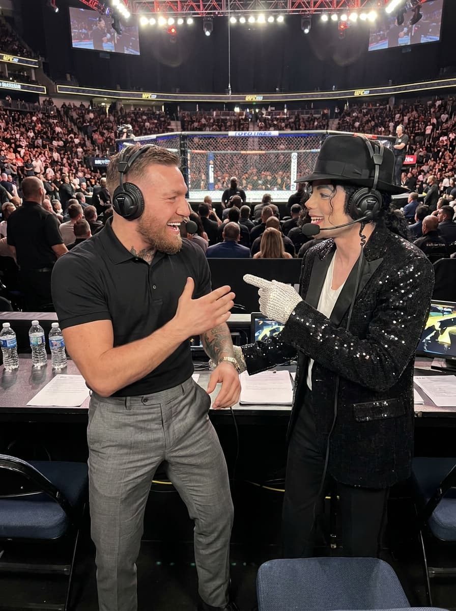 McGregor and Michel Jackson being commentators at UFC, they should look like they have commentator equipment with headphones on their heads with a microphone, the two should look like they are having a conversation with each other, behind them should be the UFC audience, the two should look like they are having a funny conversation, making hand gestures when they talk to each other,

Hyper-realistic amateur photography, iPhone snapshot quality, natural lighting, casual everyday aesthetic, realistic details, background also in focus, tiny imperfections only from real life (not digital noise), no filters, no dramatic color grading, soft neutral tones, imperfect framing with subjects slightly off-center, real-life unedited vibe, clean high-resolution look, crisp edges, natural skin texture, realistic shadows and highlights, handheld composition, 23mm wide-angle feel No date/time stamp, no cinematic look, no vignette, no background blur, no symmetrical composition, no grain, no low resolution, no harsh artifacts .
