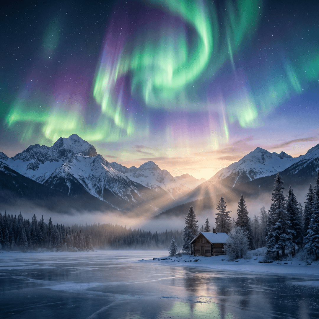 A magical aurora over snow-capped mountains at twilight, cinematic 4K, volumetric lighting, ultra-detailed landscape photography