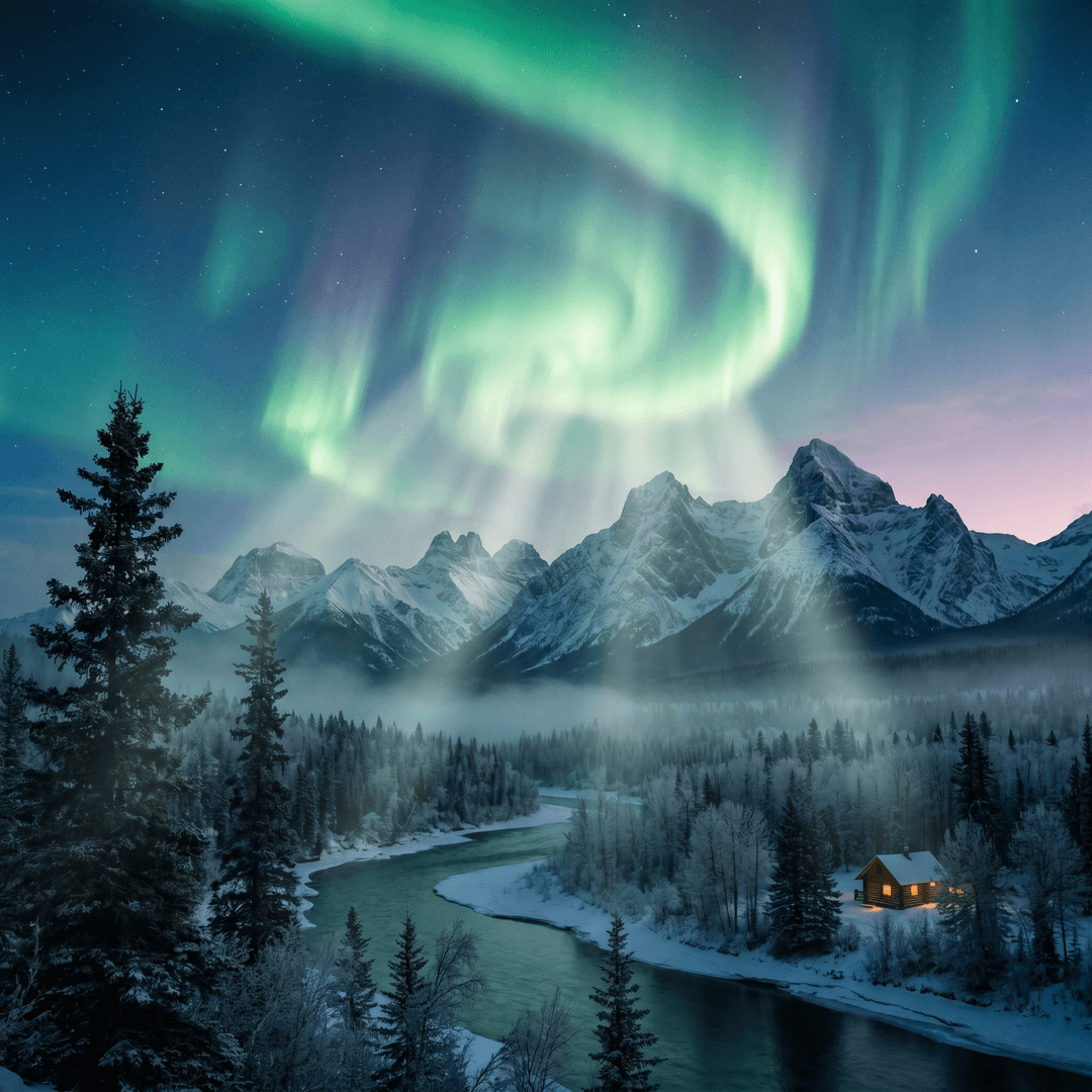 A magical aurora over snow-capped mountains at twilight, cinematic 4K, volumetric lighting, ultra-detailed landscape photography