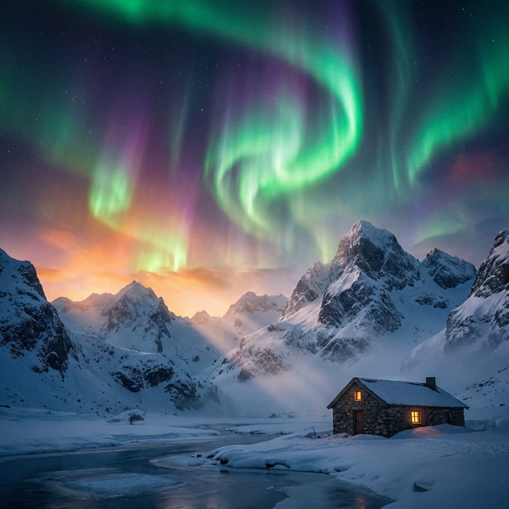 A magical aurora over snow-capped mountains at twilight, cinematic 4K, volumetric lighting, ultra-detailed landscape photography