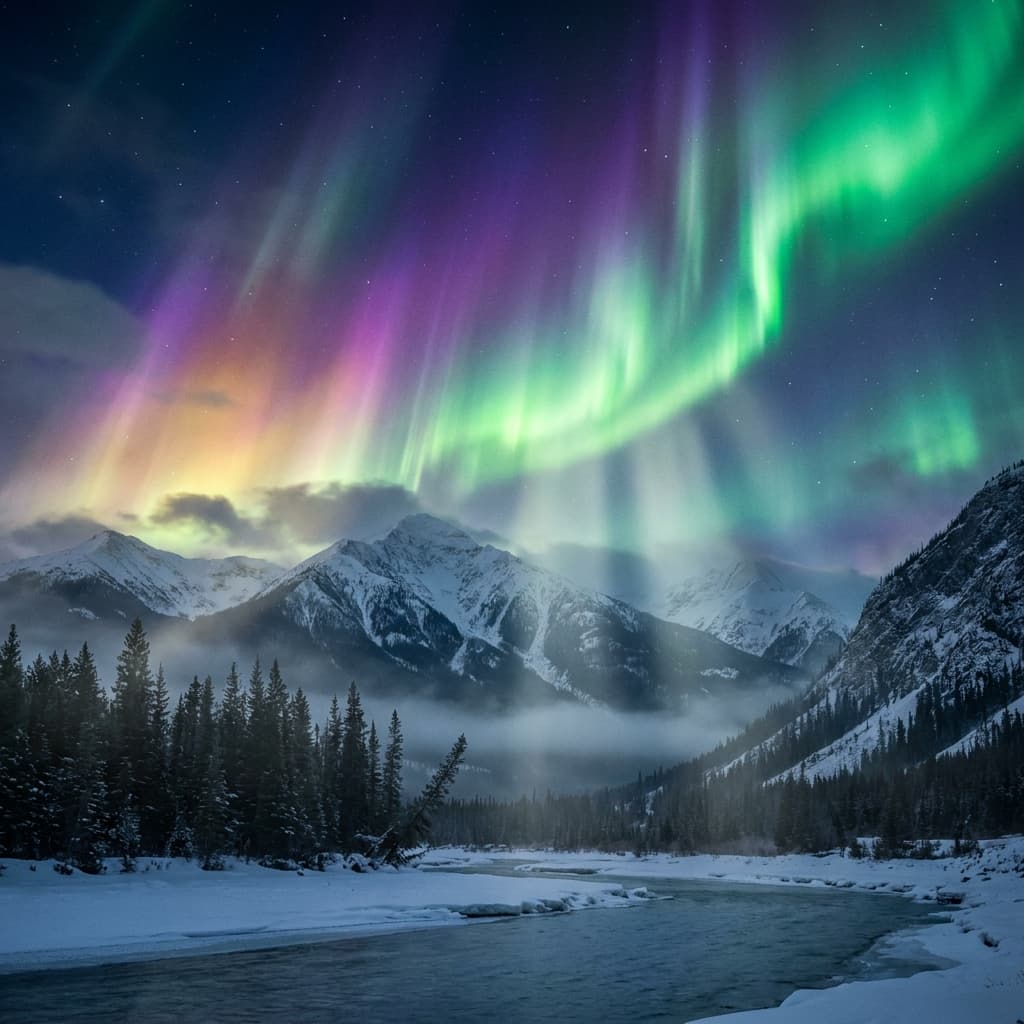 A magical aurora over snow-capped mountains at twilight, cinematic 4K, volumetric lighting, ultra-detailed landscape photography