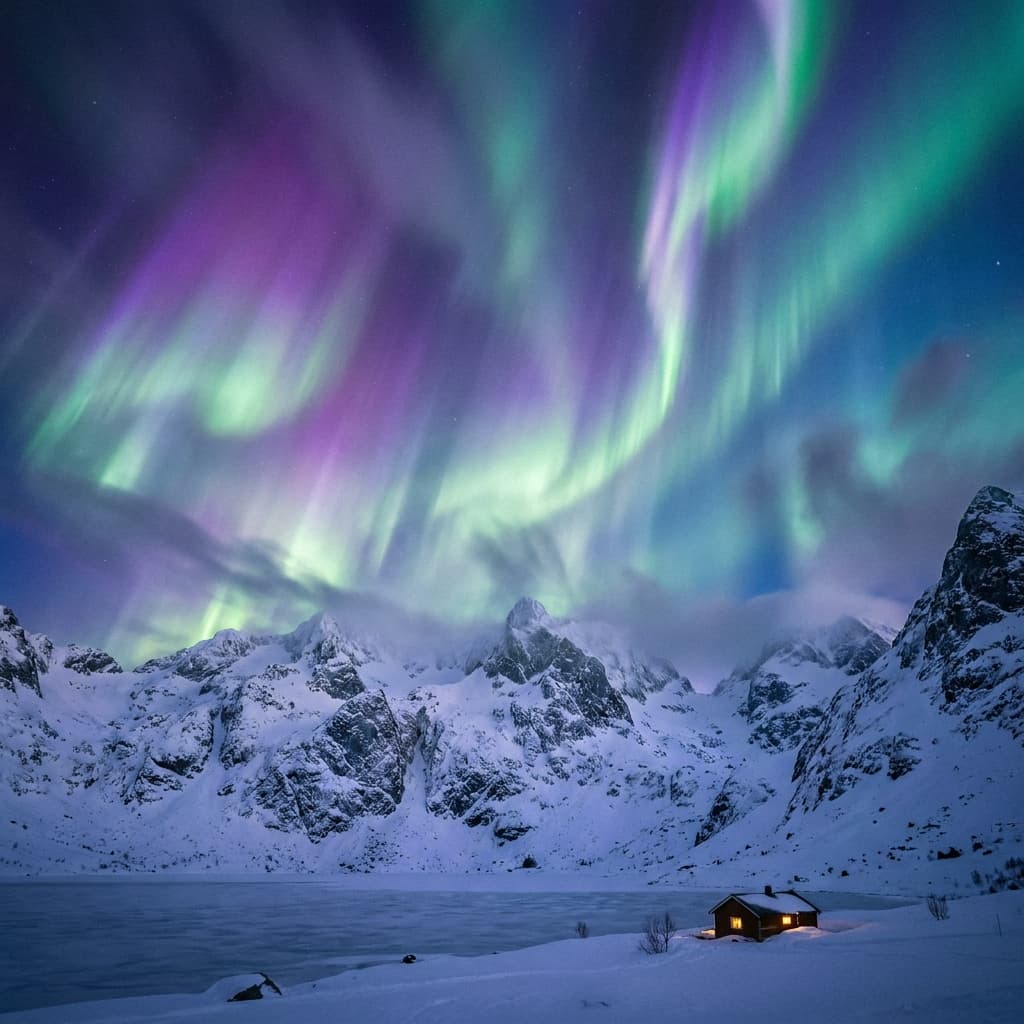 A magical aurora over snow-capped mountains at twilight, cinematic 4K, volumetric lighting, ultra-detailed landscape photography