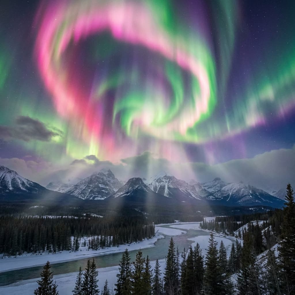 A magical aurora over snow-capped mountains at twilight, cinematic 4K, volumetric lighting, ultra-detailed landscape photography