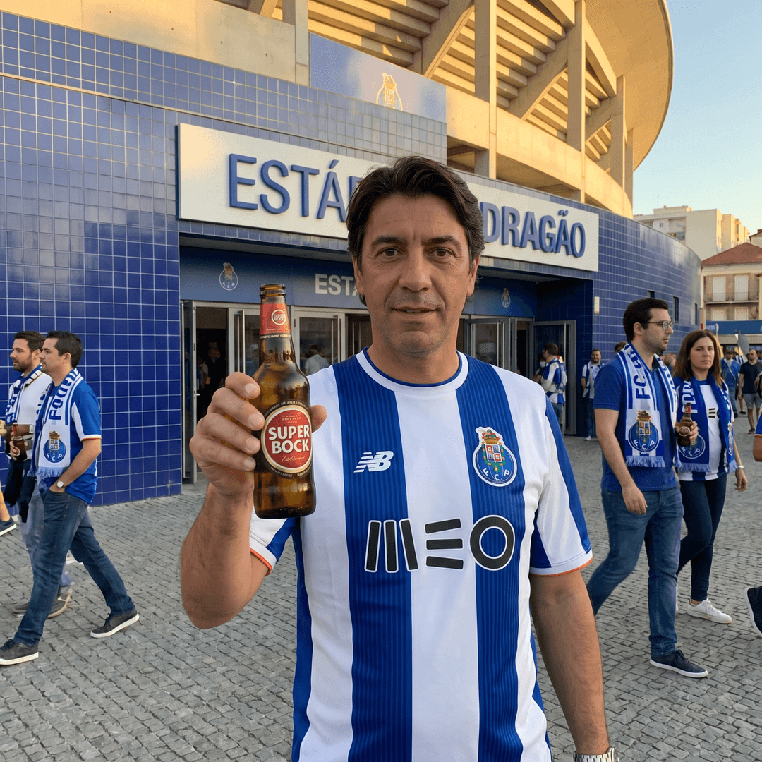 Create an image of the Benfica president wearing a FC Porto jersey, drinking a Super Bock beer in front of the Estádio do Dragão. 