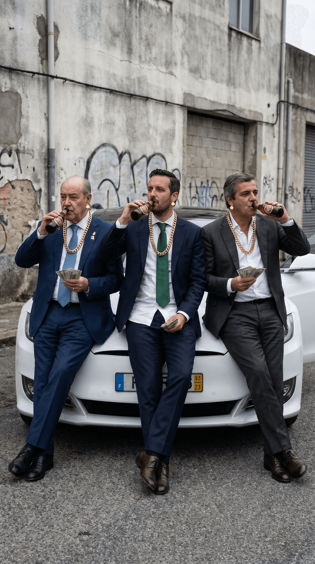 Cria uma imagem do presidente do Benfica, com presidente do fcporto, com presidente do Sporting com correntes de ouro, com brincos, dinheiro na mão encostados a um tesla branco a beber super bock