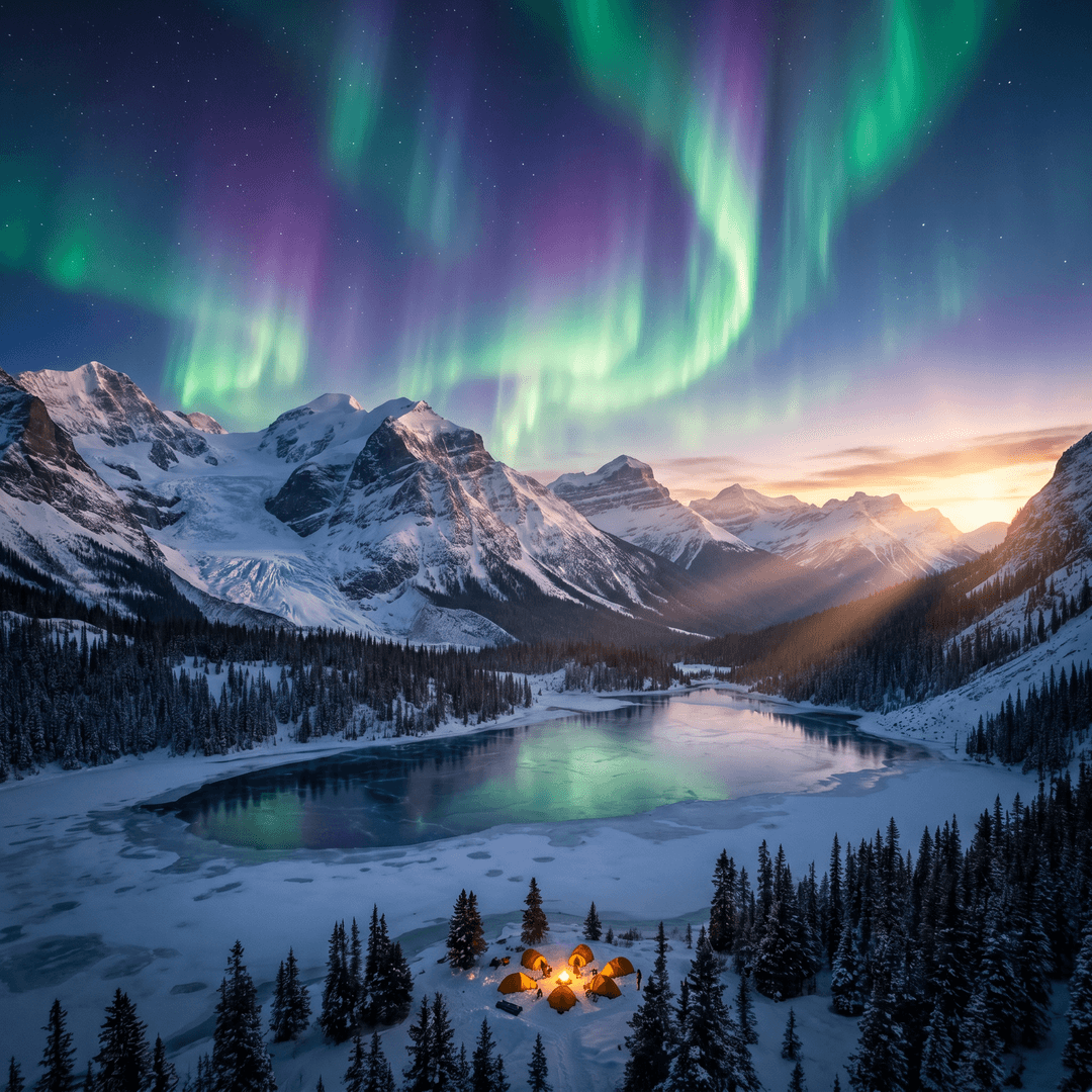A magical aurora over snow-capped mountains at twilight, cinematic 4K, volumetric lighting, ultra-detailed landscape photography