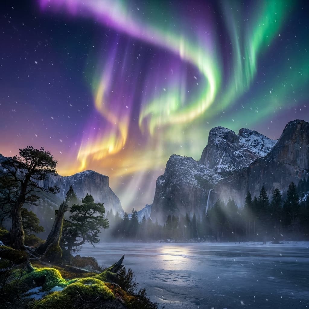A magical aurora over snow-capped mountains at twilight, cinematic 4K, volumetric lighting, ultra-detailed landscape photography