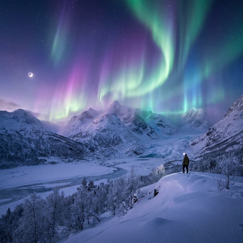 A magical aurora over snow-capped mountains at twilight, cinematic 4K, volumetric lighting, ultra-detailed landscape photography