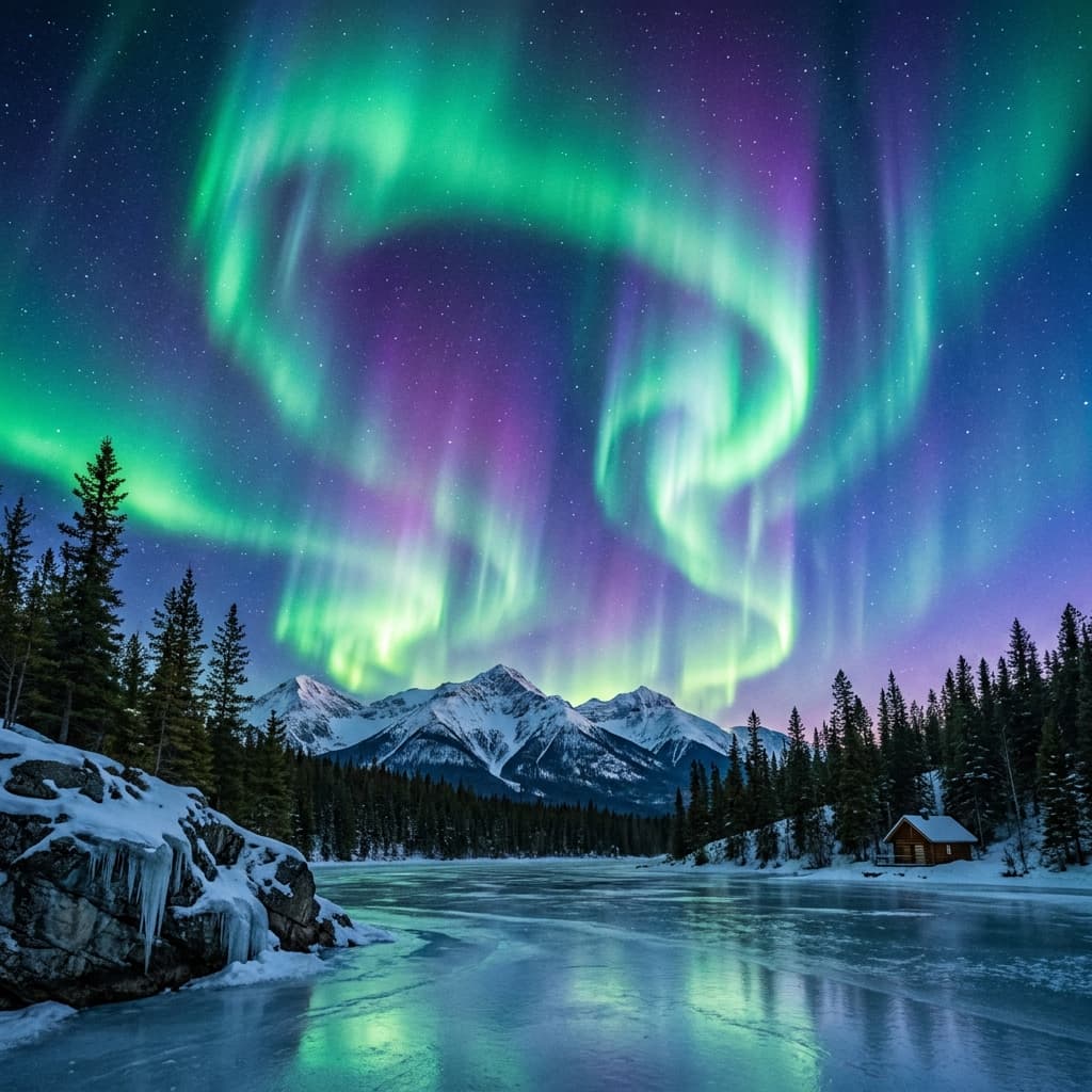 A magical aurora over snow-capped mountains at twilight, cinematic 4K, volumetric lighting, ultra-detailed landscape photography