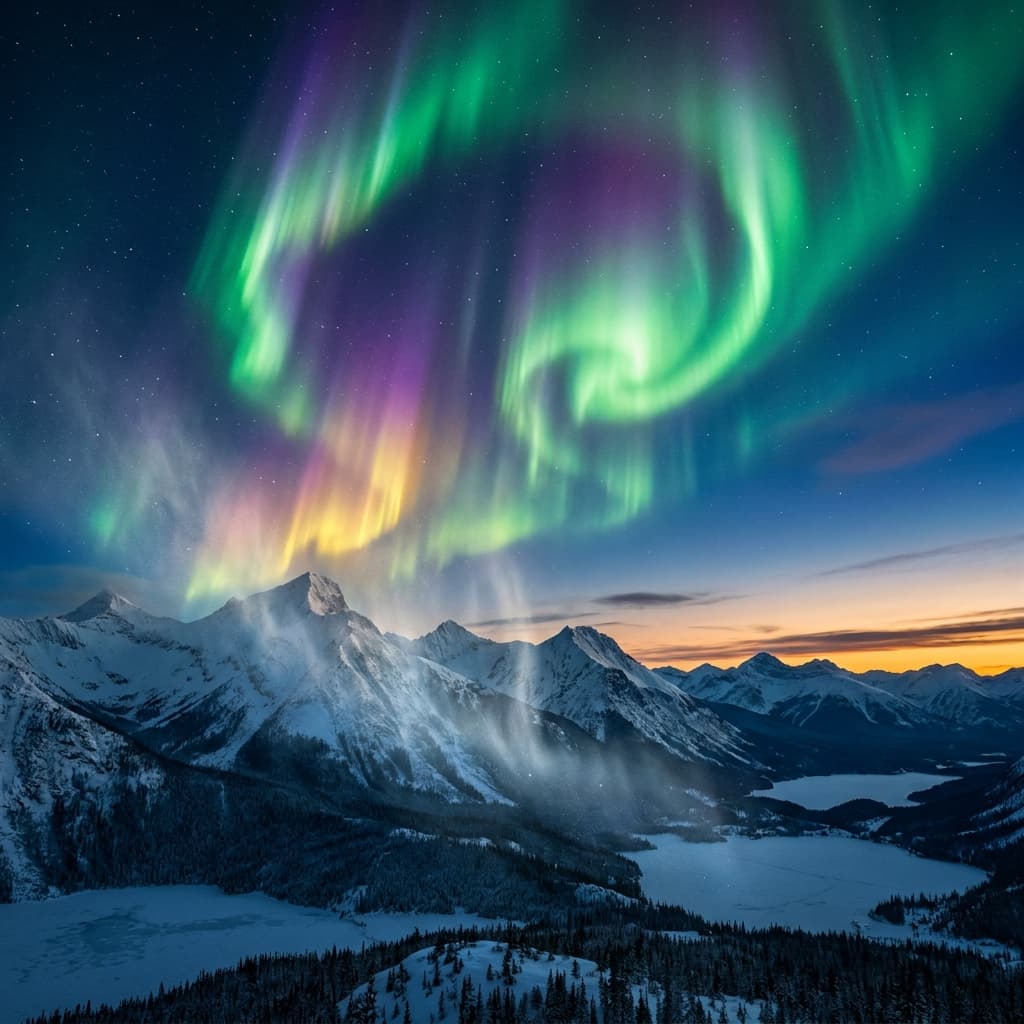 A magical aurora over snow-capped mountains at twilight, cinematic 4K, volumetric lighting, ultra-detailed landscape photography