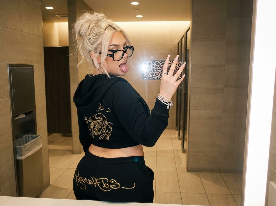 Ultra-realistic Y2K mirror selfie of a Sam Puckett-inspired blonde internet celebrity inside a luxury public restroom, hyper-realistic photography, chaotic rich-girl influencer aesthetic.

Main character:
curvy thick blonde woman with soft hourglass proportions, wide hips, thick thighs, slim waist, glossy lips, playful rebellious expression, dramatic eyeliner, oversized black designer glasses, platinum blonde messy bun with loose strands framing her face, emotionally chaotic 2000s celebrity energy.

Outfit:
cropped black Ed Hardy-inspired hoodie with luxury gold rhinestone graphics, fitted to hug her curves naturally, matching ultra-low-rise black sweatpants with flashy gold script lettering across the back, visible waistline, layered silver jewelry, bracelets, long acrylic nails, luxury Y2K streetwear aesthetic.

Pose:
playful over-the-shoulder mirror selfie pose, bending slightly while sticking her tongue out confidently at the mirror, one hand holding a leopard-print phone case, natural thick curvy silhouette, confident internet-famous energy.

Environment:
modern luxury restroom, glossy tiled floors, warm ambient lighting, cinematic paparazzi flash photography, slight film grain, reflective mirror lighting, luxury nightlife atmosphere, Tumblr-core 2000s influencer aesthetic.

Style:
hyper-realistic photography, realistic anatomy, soft flash glow, cinematic realism, nostalgic celebrity internet vibe, high detail skin texture, expensive luxury aesthetic, Instagram editorial quality, 4:5 composition, SFW.