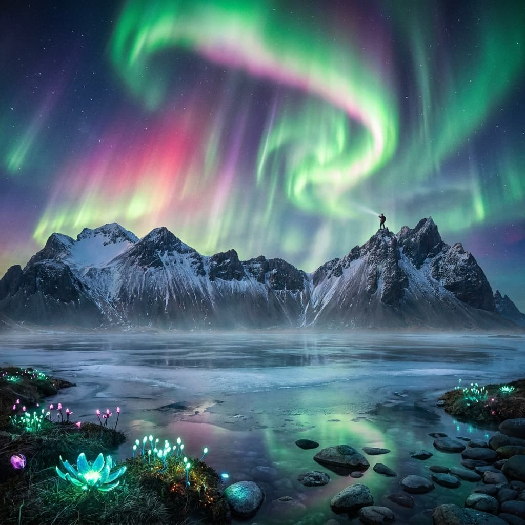 A magical aurora over snow-capped mountains at twilight, cinematic 4K, volumetric lighting, ultra-detailed landscape photography