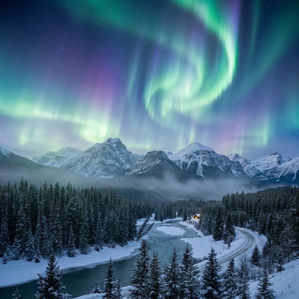 A magical aurora over snow-capped mountains at twilight, cinematic 4K, volumetric lighting, ultra-detailed landscape photography