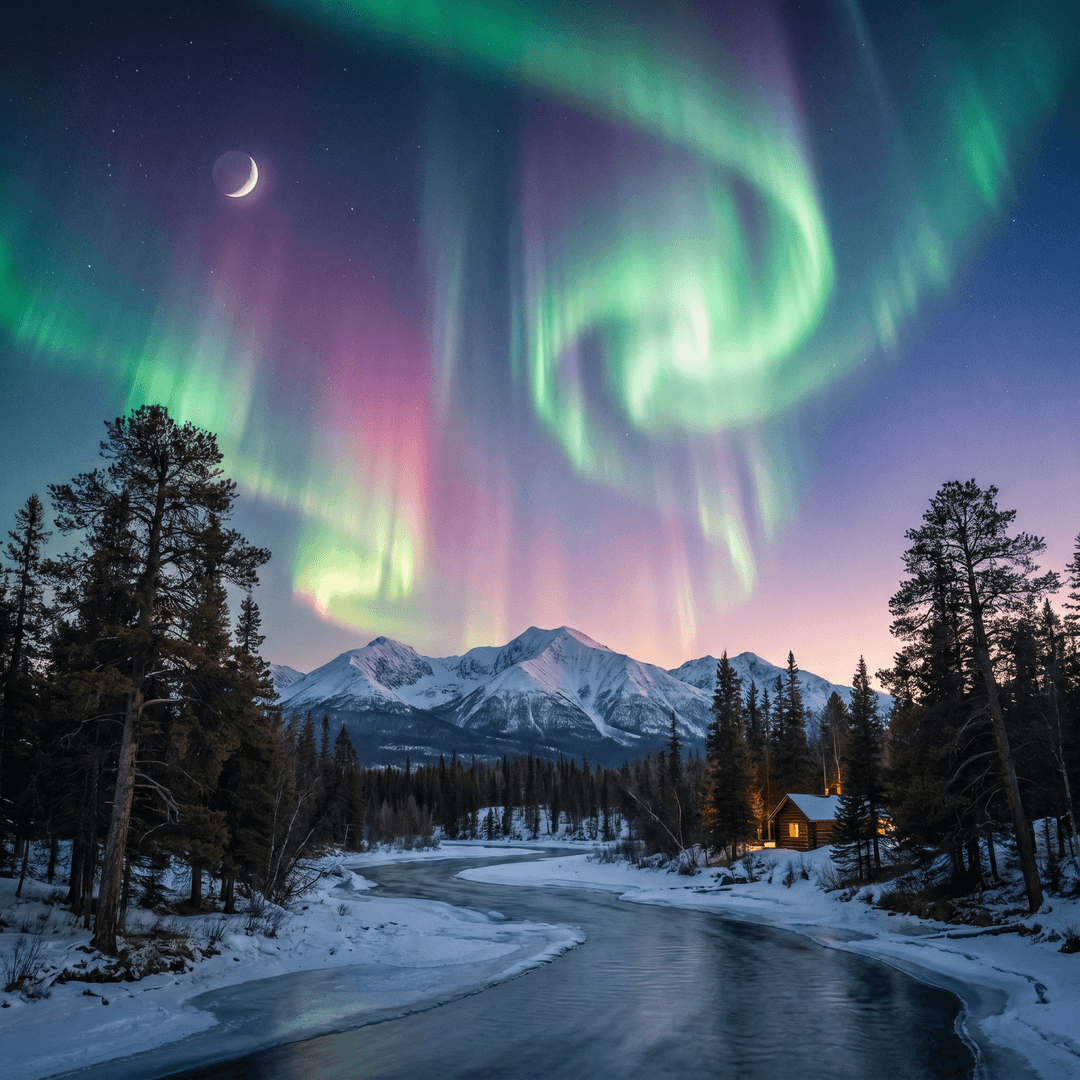 A magical aurora over snow-capped mountains at twilight, cinematic 4K, volumetric lighting, ultra-detailed landscape photography