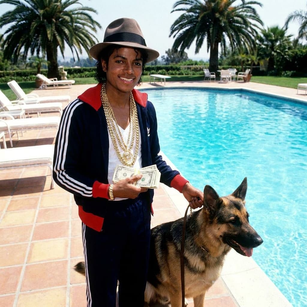 Michael jackson outside by the pool hood money with gold chains and a dog