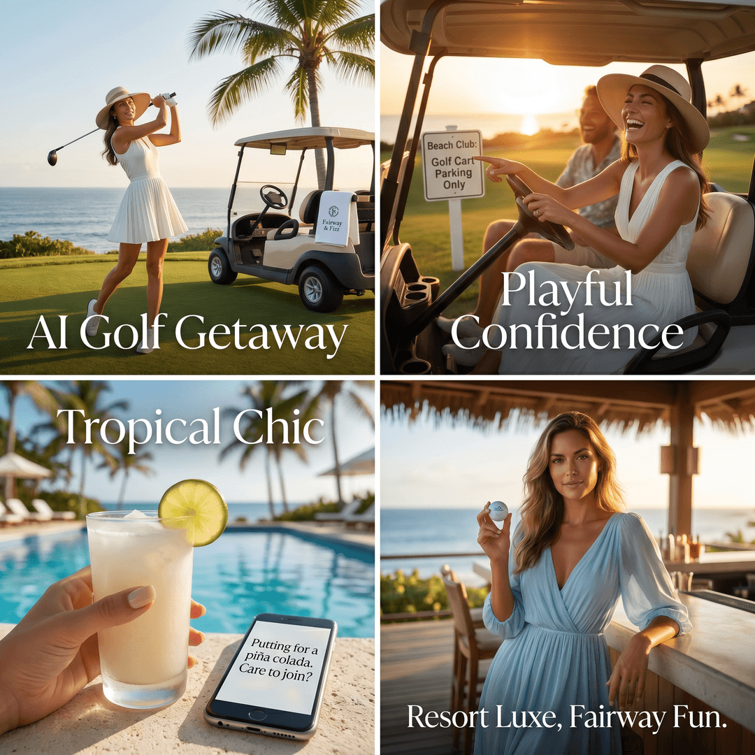 A luxurious golf lifestyle brand featuring an AI model. The visuals should evoke resort travel, playful confidence, and high-end aesthetics. Imagine a blend of country club culture, tropical vacation energy, and fitness beauty, with a touch of flirty golf humor. The target audience includes golf enthusiasts, luxury lifestyle aficionados, and fans of visually polished AI influencer content.

The visual style should be premium, sunlit, clean, and cinematic, showcasing tropical golf resorts, ocean-view fairways, designer golf outfits, poolside scenes, luxury golf carts, white sand, palm trees, and golden hour lighting. The tone should be confident, witty, feminine, flirty, and fun, without being cheap or overly explicit. The AI model embodies the fantasy golf companion who enjoys the beach, the fairway, and the resort bar.

Design guidelines include elegant golf-inspired visuals, soft luxury colors, clean fonts, and polished photography, balancing sporty and glamorous energy. Avoid anything that appears trashy, low-quality, or cartoonish.