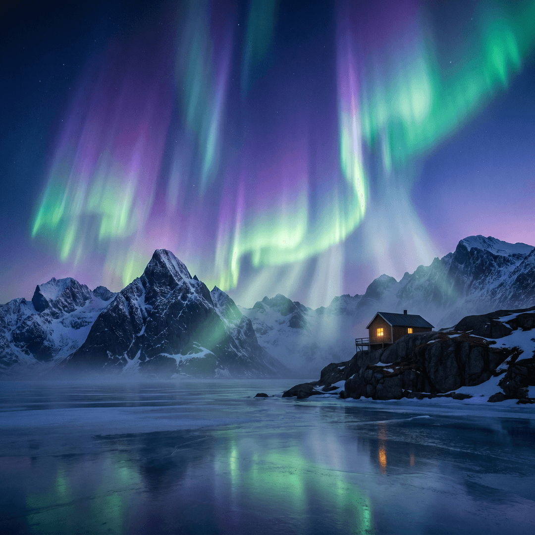 A magical aurora over snow-capped mountains at twilight, cinematic 4K, volumetric lighting, ultra-detailed landscape photography