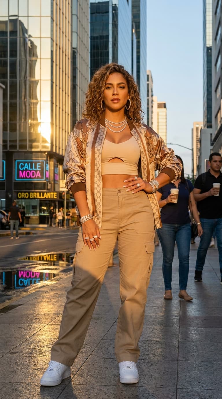 A stunning Panamanian woman standing confidently in a modern city street at golden hour, wearing elevated urban fashion — oversized designer bomber jacket, fitted crop top, high-waisted cargo pants, and sleek sneakers. She has glowing caramel skin, long dark wavy hair, and striking features with natural glam makeup. She is adorned with luxurious moissanite jewelry that sparkles intensely in the sunlight: layered tennis chains, iced-out hoop earrings, stacked rings, a bold moissanite watch, and a shimmering bracelet. The background features contemporary architecture, neon reflections, and subtle streetwear culture vibes. Cinematic lighting, ultra-realistic photography style, high fashion editorial aesthetic, shallow depth of field, rich textures, highly detailed skin and jewelry reflections, Vogue street-luxury mood, 8K realism.