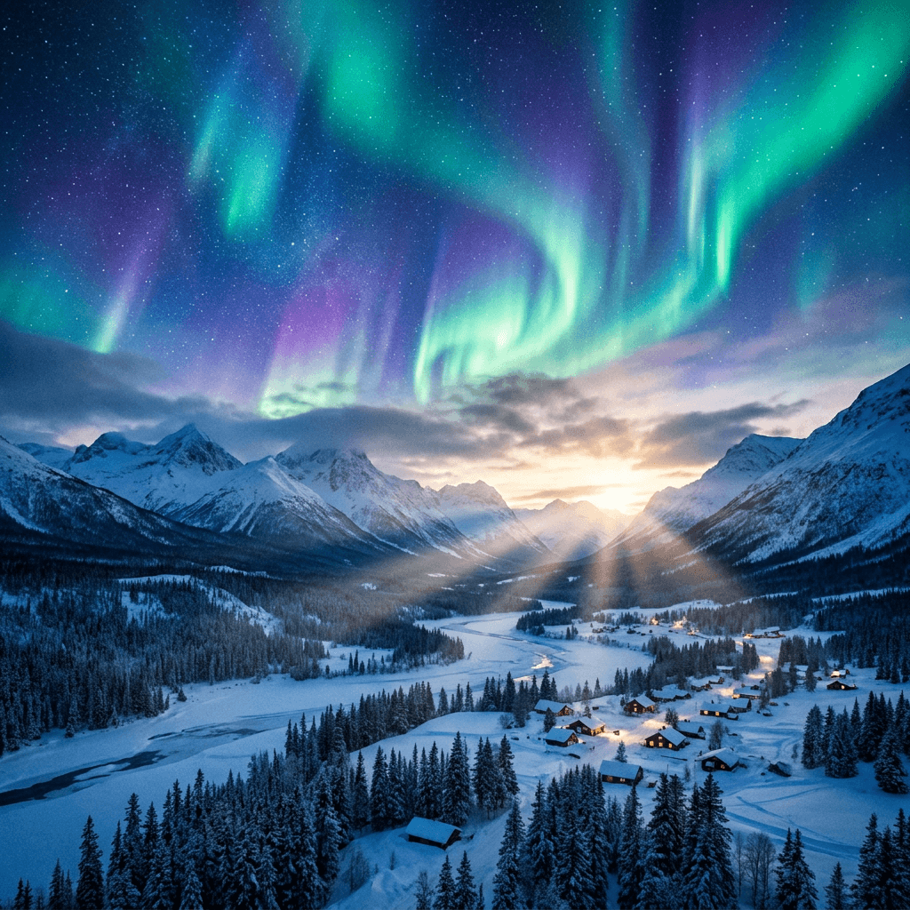 A magical aurora over snow-capped mountains at twilight, cinematic 4K, volumetric lighting, ultra-detailed landscape photography