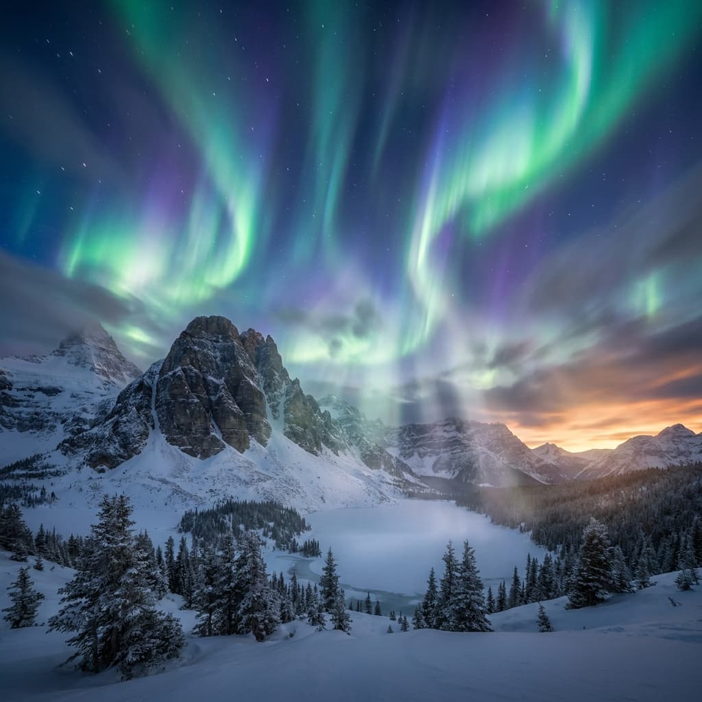 A magical aurora over snow-capped mountains at twilight, cinematic 4K, volumetric lighting, ultra-detailed landscape photography