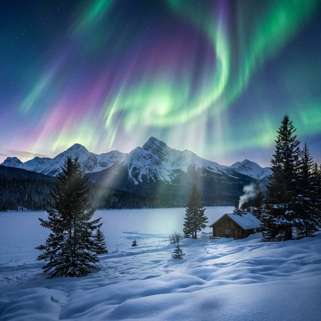A magical aurora over snow-capped mountains at twilight, cinematic 4K, volumetric lighting, ultra-detailed landscape photography