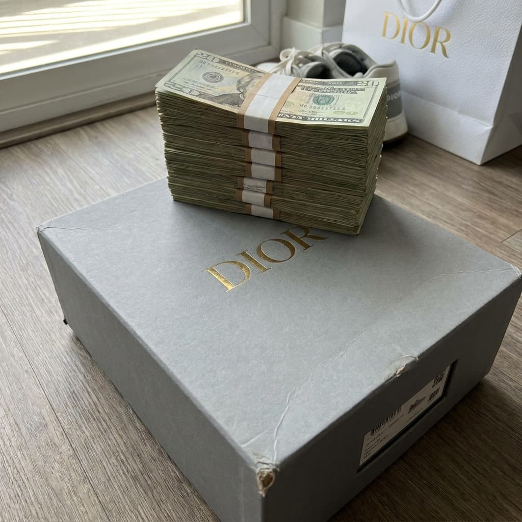 Make a picture of a stack of 20 dollar bills sitting on top of a Dior shoebox