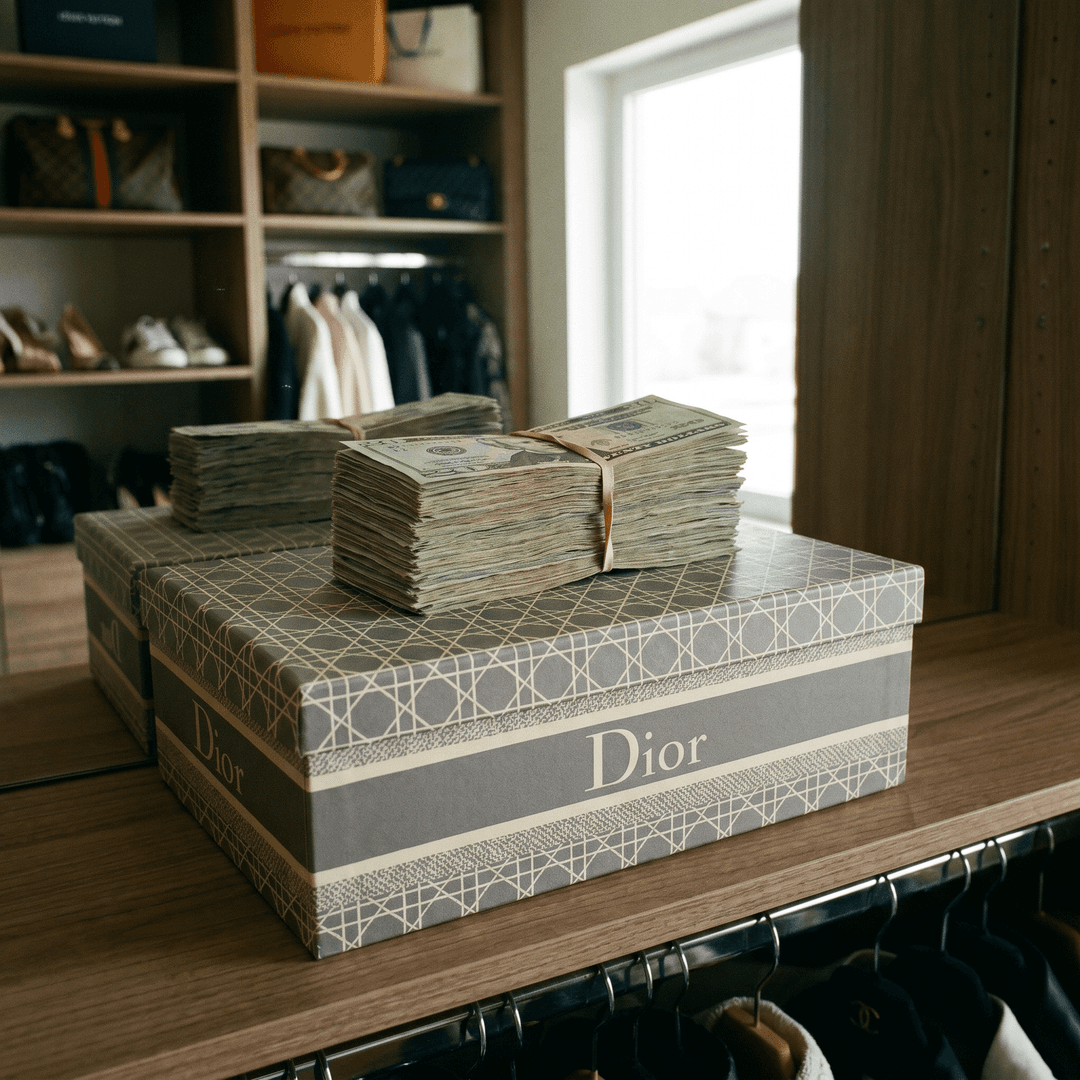 Make a picture of a stack of 20 dollar bills sitting on top of a Dior shoebox