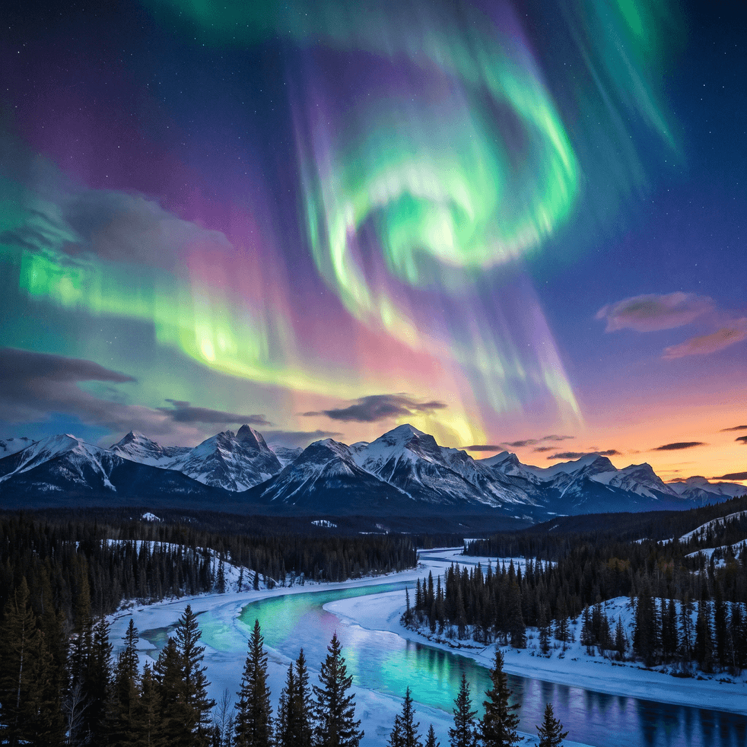 A magical aurora over snow-capped mountains at twilight, cinematic 4K, volumetric lighting, ultra-detailed landscape photography