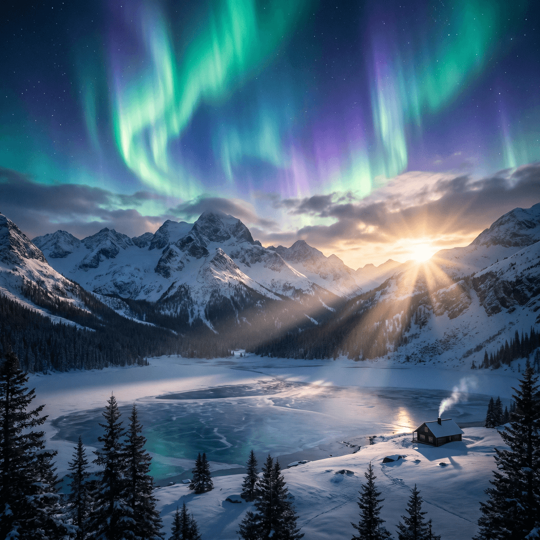 A magical aurora over snow-capped mountains at twilight, cinematic 4K, volumetric lighting, ultra-detailed landscape photography