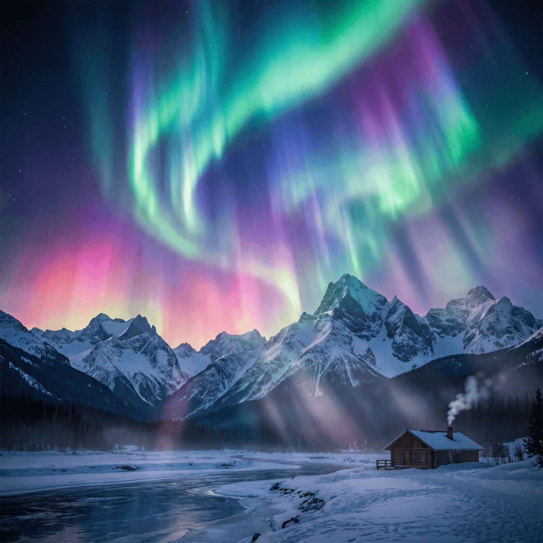 A magical aurora over snow-capped mountains at twilight, cinematic 4K, volumetric lighting, ultra-detailed landscape photography