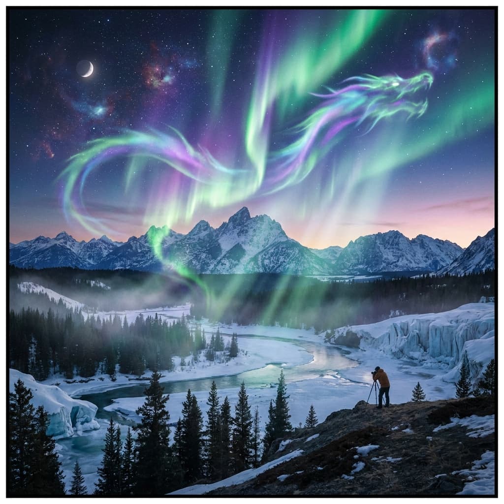 A magical aurora over snow-capped mountains at twilight, cinematic 4K, volumetric lighting, ultra-detailed landscape photography