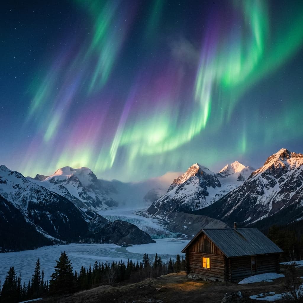 A magical aurora over snow-capped mountains at twilight, cinematic 4K, volumetric lighting, ultra-detailed landscape photography