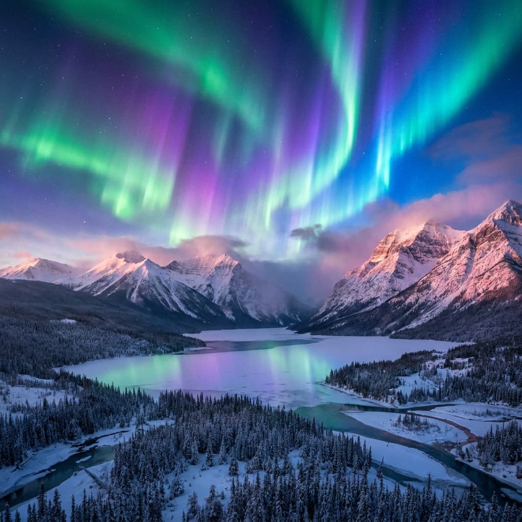 A magical aurora over snow-capped mountains at twilight, cinematic 4K, volumetric lighting, ultra-detailed landscape photography