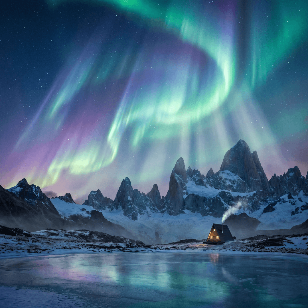 A magical aurora over snow-capped mountains at twilight, cinematic 4K, volumetric lighting, ultra-detailed landscape photography