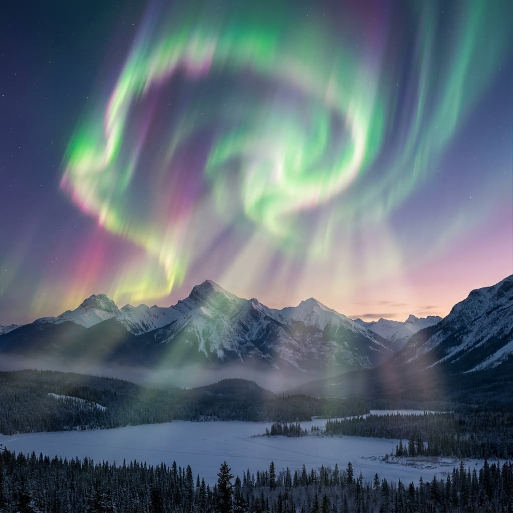 A magical aurora over snow-capped mountains at twilight, cinematic 4K, volumetric lighting, ultra-detailed landscape photography