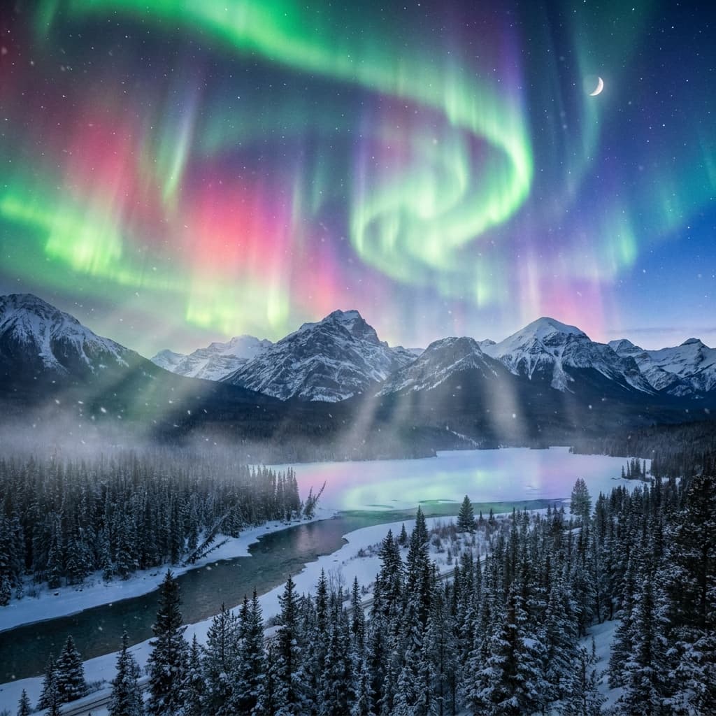 A magical aurora over snow-capped mountains at twilight, cinematic 4K, volumetric lighting, ultra-detailed landscape photography
