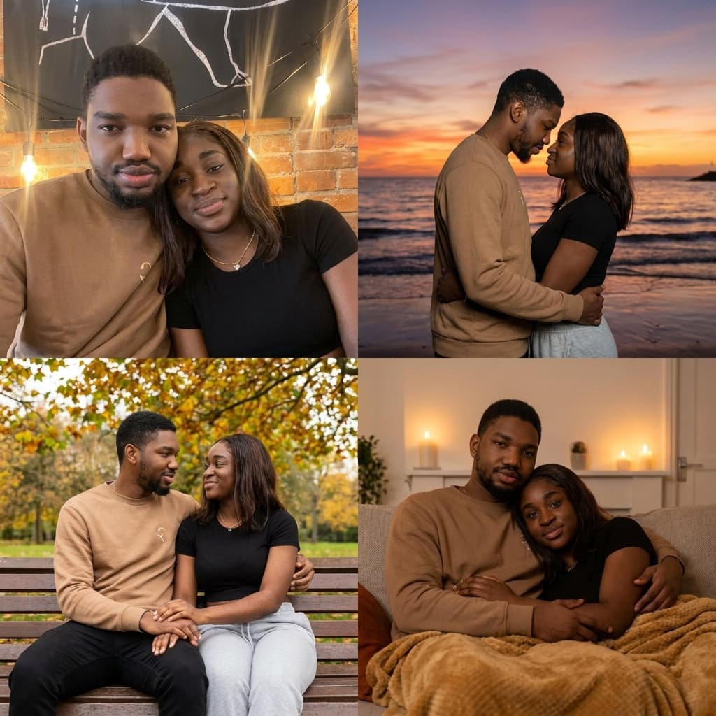 Create multiple romantic couple style images using every feature of the persons in the image uploaded