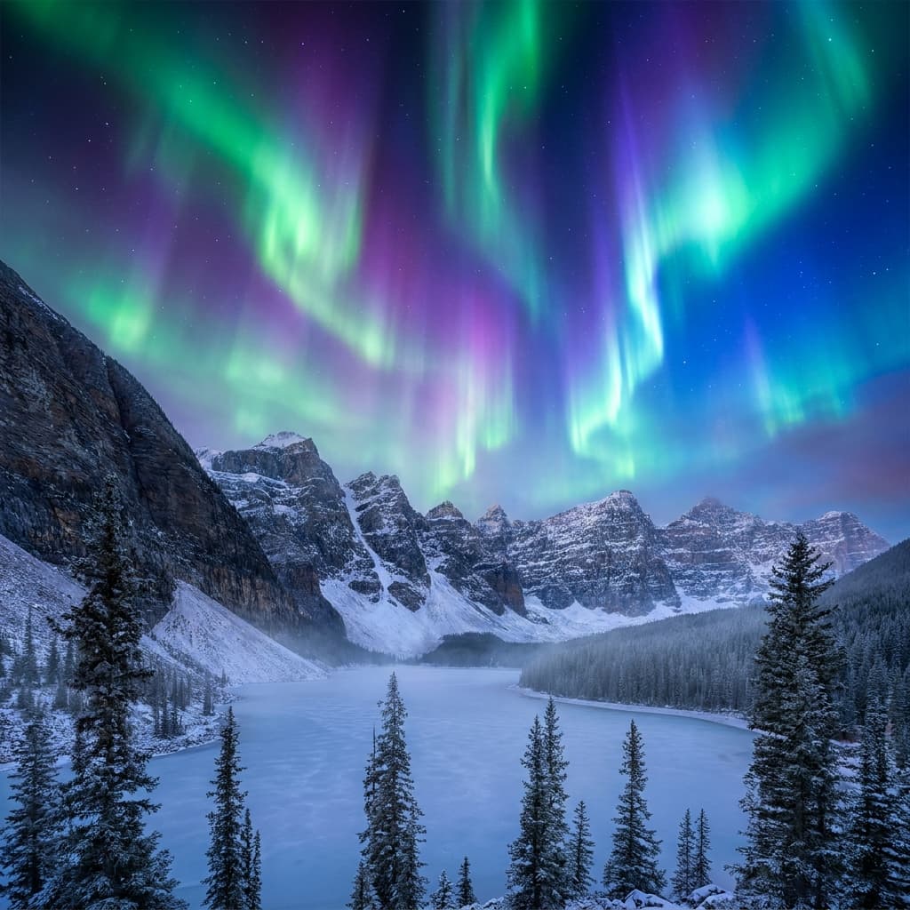 A magical aurora over snow-capped mountains at twilight, cinematic 4K, volumetric lighting, ultra-detailed landscape photography