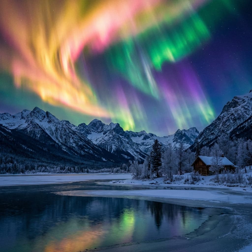 A magical aurora over snow-capped mountains at twilight, cinematic 4K, volumetric lighting, ultra-detailed landscape photography