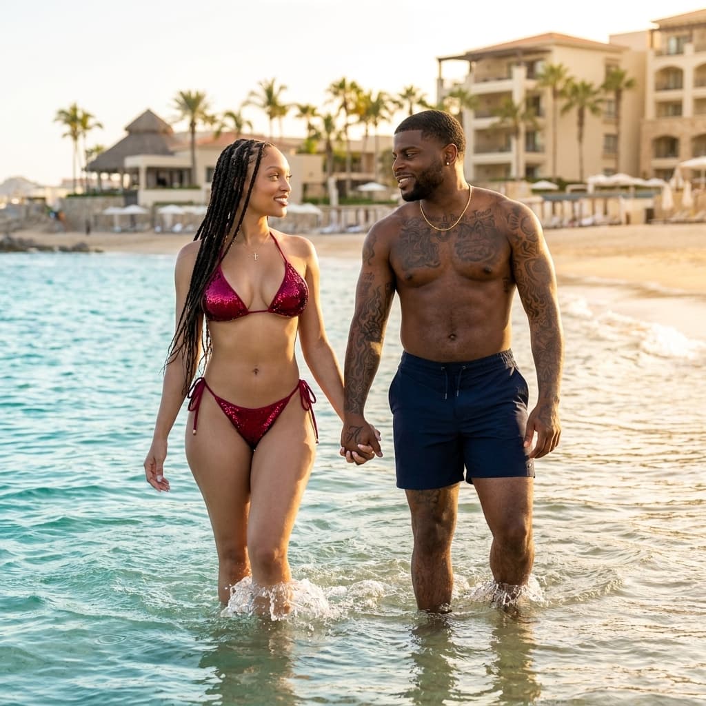**Subject:** A high-fashion couple, mid-20s to early 30s, exuding an aura of sophisticated romance. The woman possesses an hourglass figure, her curves accentuated by a vibrant, shimmering ruby-red bikini with intricate detailing. The man is athletic and well-defined, wearing tailored, premium-fabric swim trunks in a complementary, understated tone (e.g., charcoal, deep navy).
**Setting:** A luxurious, pristine Cabo San Lucas resort beach. The water is crystal-clear, a brilliant turquoise, gently lapping at their knees. In the background, the soft focus reveals the resort's elegant architecture and lush, manicured tropical landscaping under a brilliant, sun-drenched sky.
**Composition & Lighting:** A medium shot, slightly wide, capturing both subjects in the frame with ample negative space around them to convey the expansive beauty of the location. The golden hour light casts a warm, soft glow, highlighting their skin and the subtle textures of their swimwear. Rim lighting subtly defines their silhouettes against the water.
**Style:** Hyper-realistic, high-definition fashion photography. The image should have a cinematic quality, with a shallow depth of field to keep the couple in sharp focus while artfully blurring the background.
**Mood:** Romantic, luxurious, aspirational, and slightly seductive. An air of effortless elegance and blissful escape.
**Technical Details:**
* **Camera:** High-end full-frame DSLR/mirrorless (e.g., Sony A7R V, Canon EOS R5)
* **Lens:** Fast prime lens (e.g., 85mm f/1.4 or 135mm f/1.8) for exquisite bokeh and sharpness.
* **Aperture:** Wide open (f/1.4 - f/2.0) for maximum subject isolation.
* **Shutter Speed:** Fast enough to freeze any subtle movement in the water, but slow enough to allow for natural light.
* **ISO:** As low as possible for minimal noise.
* **Post-processing:** Expertly color-graded with a focus on rich, natural tones and subtle highlights. Skin should appear flawless and radiant, water sparkling. Minimal digital manipulation, emphasizing natural beauty.
**Keywords:** luxury resort, Cabo, beach, couple, romantic, high fashion, bikini, hourglass figure, ruby red, swim trunks, crystal clear water, turquoise, golden hour, cinematic, hyperrealism, aspirational, elegant, sophisticated, pristine, sun-drenched, tropical.