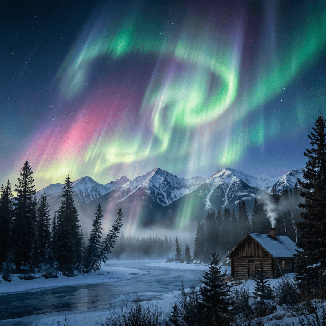 A magical aurora over snow-capped mountains at twilight, cinematic 4K, volumetric lighting, ultra-detailed landscape photography