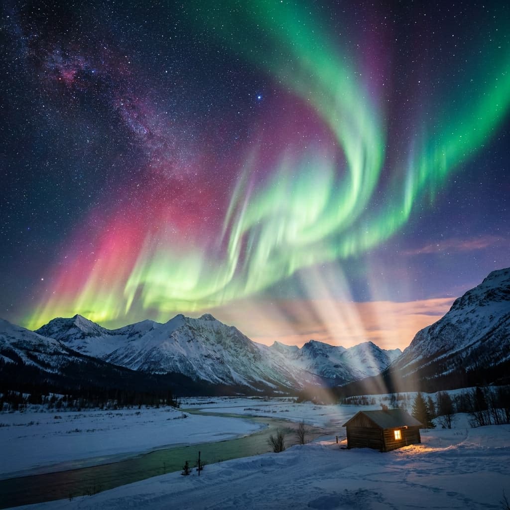 A magical aurora over snow-capped mountains at twilight, cinematic 4K, volumetric lighting, ultra-detailed landscape photography
