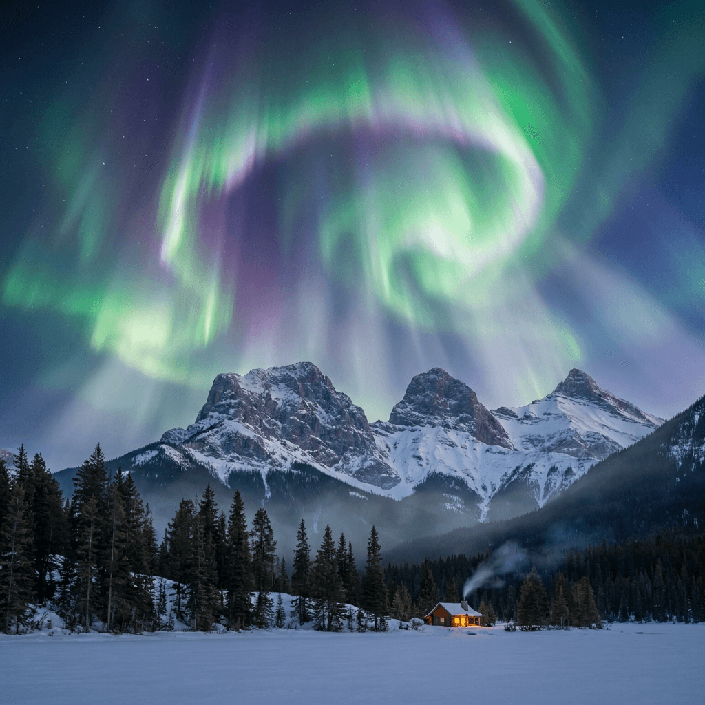 A magical aurora over snow-capped mountains at twilight, cinematic 4K, volumetric lighting, ultra-detailed landscape photography